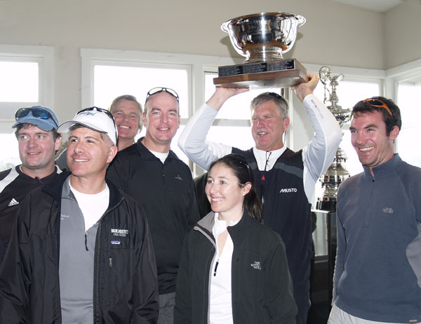 Scott Easom and crew with the Seaweed Soup trophy and the America's Cup