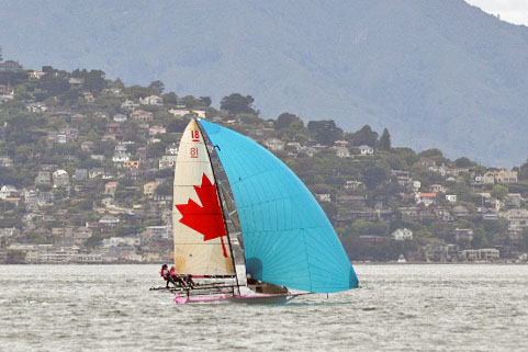 Pink Aussie 18 sails past Marin