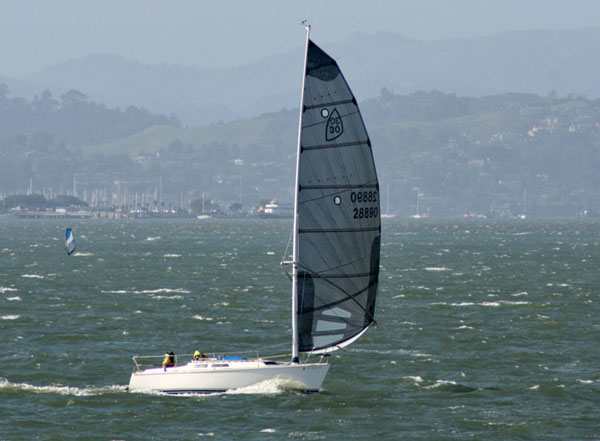 Nancy at the finish of the Doublehanded Farallones