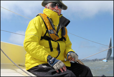 Pat, rather wet, at the helm